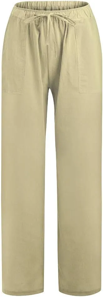 2024 Women Summer Linen Cotton Pants Straight Wide Leg Casual Pants Drawstring Elastic Waist Solid Color Palazzo Trousers