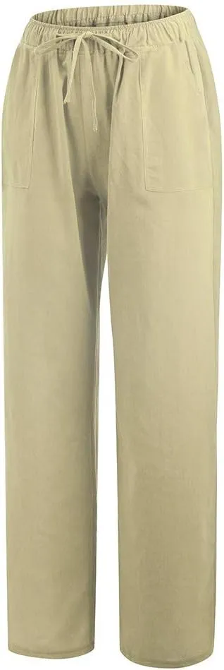 2024 Women Summer Linen Cotton Pants Straight Wide Leg Casual Pants Drawstring Elastic Waist Solid Color Palazzo Trousers