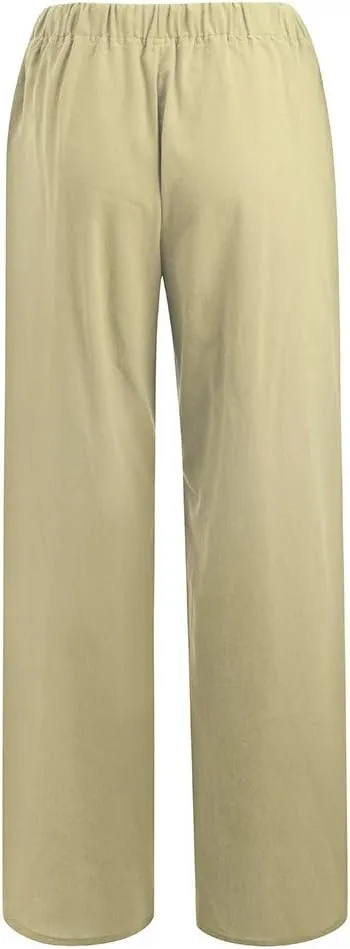 2024 Women Summer Linen Cotton Pants Straight Wide Leg Casual Pants Drawstring Elastic Waist Solid Color Palazzo Trousers