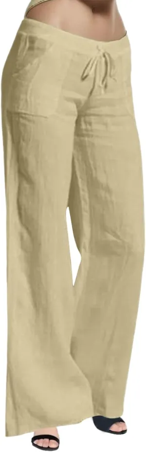 2024 Women Summer Linen Cotton Pants Straight Wide Leg Casual Pants Drawstring Elastic Waist Solid Color Palazzo Trousers