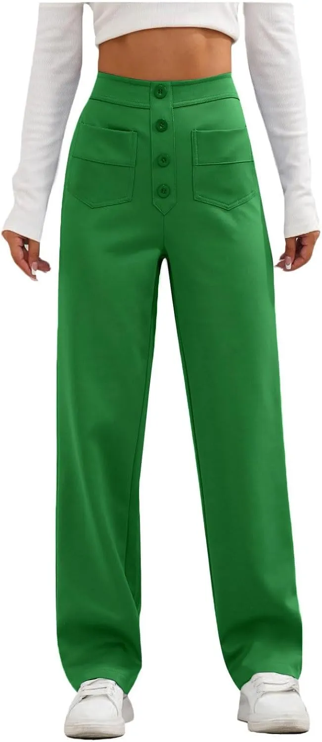 2024 Women's Casual Work Pants High Waisted Wide Leg Office Pants Stretchy Button Down Trousers with Multiple Pockets