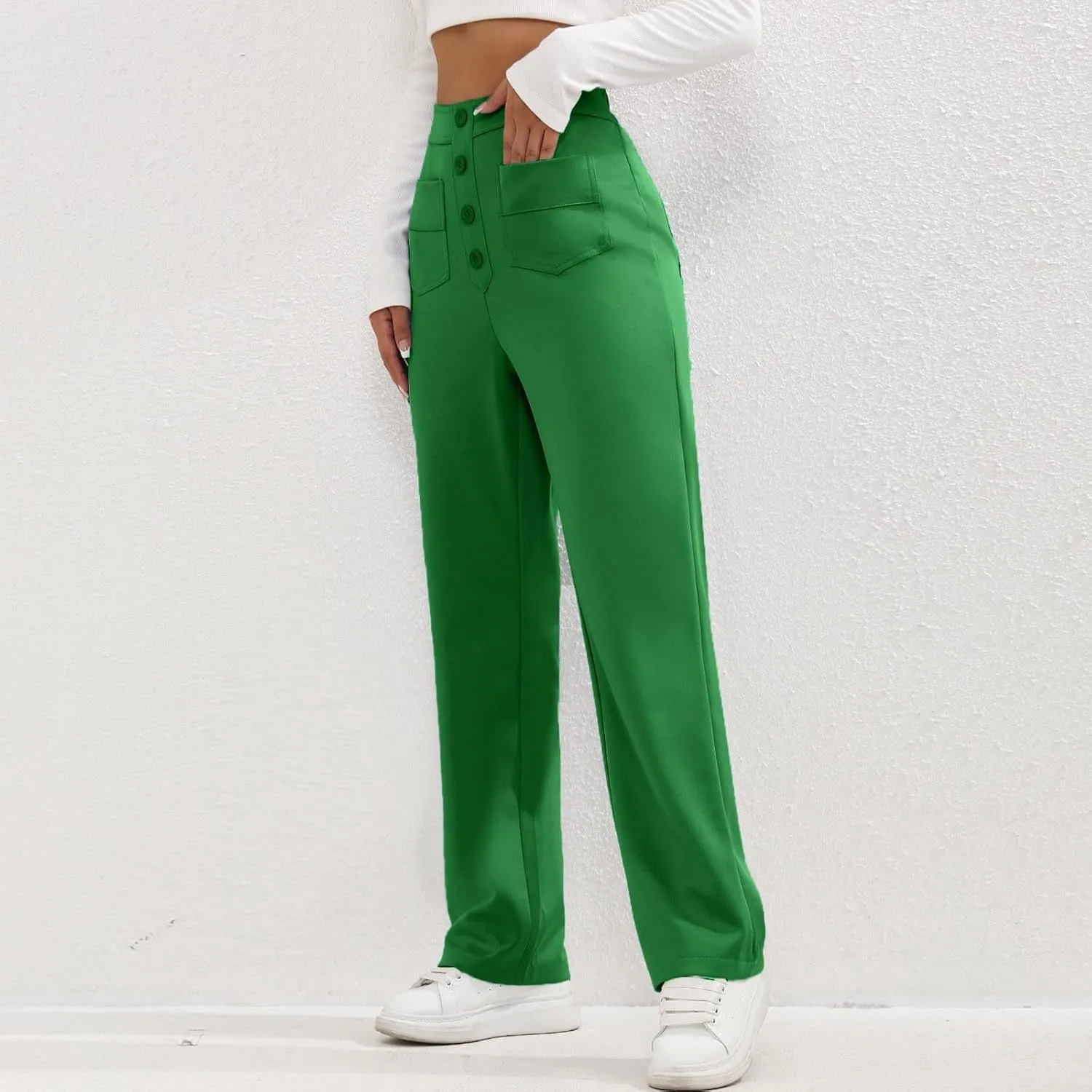 2024 Women's Casual Work Pants High Waisted Wide Leg Office Pants Stretchy Button Down Trousers with Multiple Pockets