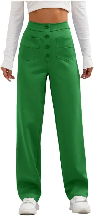 2024 Women's Casual Work Pants High Waisted Wide Leg Office Pants Stretchy Button Down Trousers with Multiple Pockets