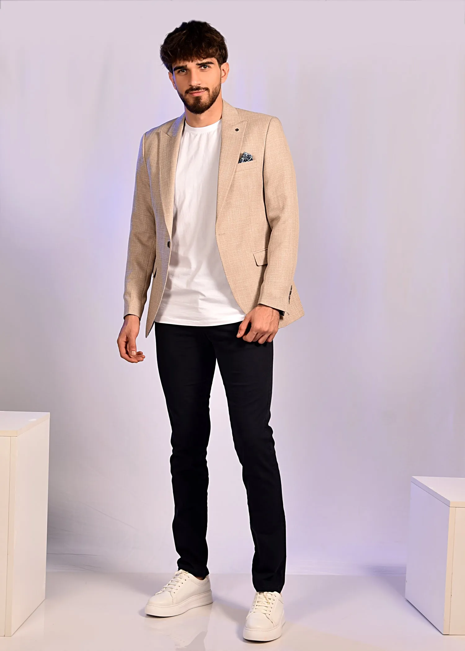 2H #110-01 Beige Tweed One Button Blazer