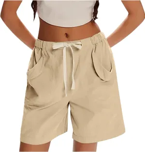 Bermuda Shorts for Women Straight Leg Drawstring High Waisted Chino Shorts with Pockets Summer Vacation Outfits