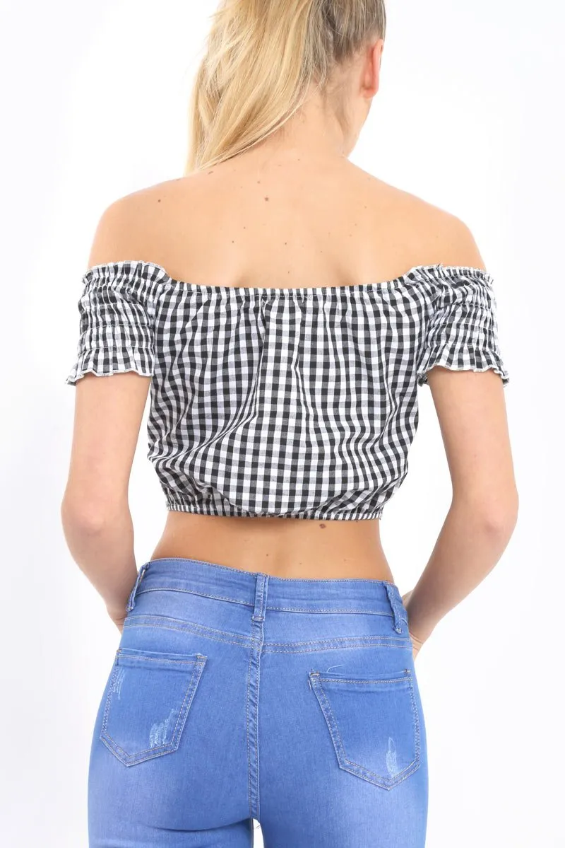 Black Gingham Bardot Wrap Around Crop Top - Rozanne