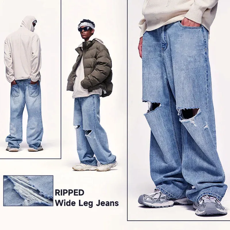 Blue Ripped Wide Leg Jeans