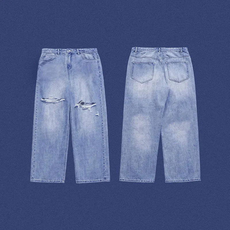 Blue Ripped Wide Leg Jeans