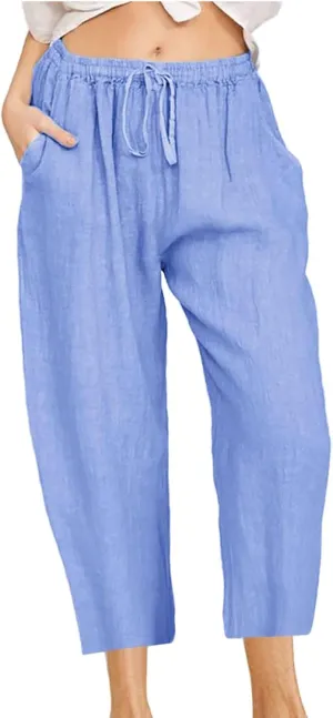 Capri Cotton Linen Pants for Women Loose Wide Leg Palazzo Pant Summer Beach Pant Drawstring Flowy Lounge Trousers