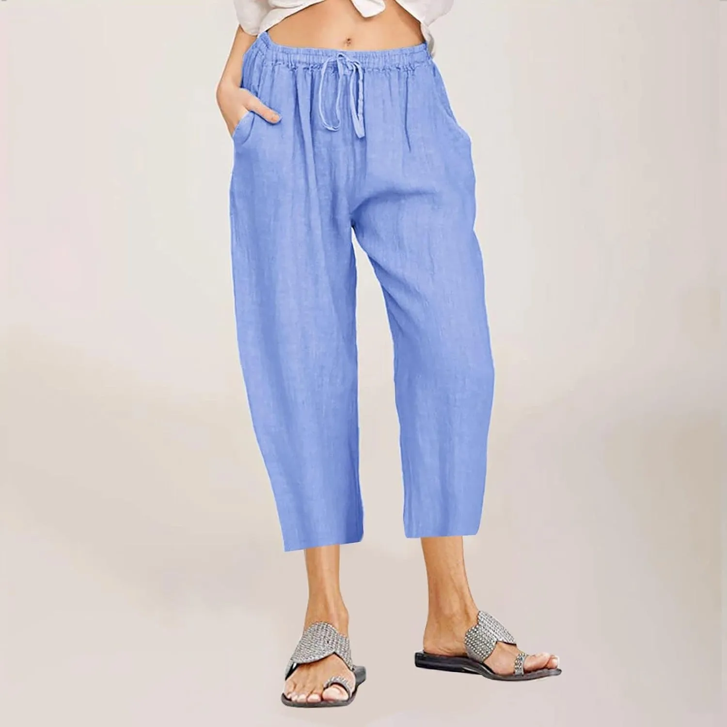 Capri Cotton Linen Pants for Women Loose Wide Leg Palazzo Pant Summer Beach Pant Drawstring Flowy Lounge Trousers