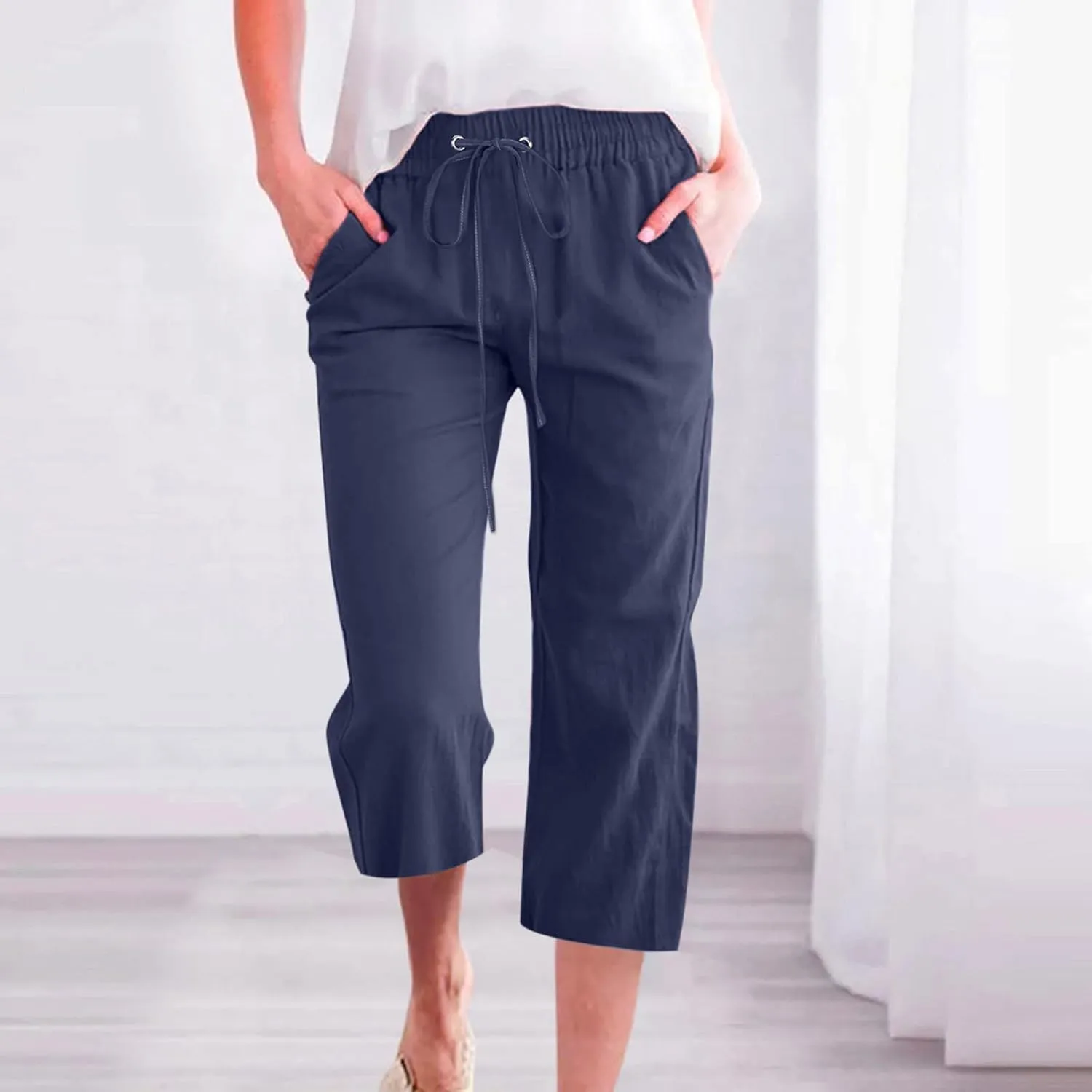 Capri Linen Pants for Women Trendy Wide Leg Palazzo Pant Summer Flowy Beach Pant Drawstring High Waist Casual Trousers