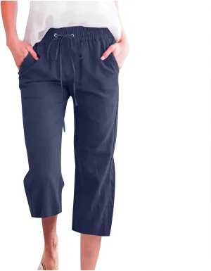 Capri Linen Pants for Women Trendy Wide Leg Palazzo Pant Summer Flowy Beach Pant Drawstring High Waist Casual Trousers