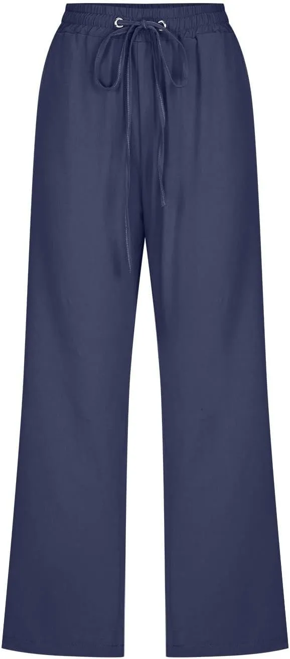 Capri Linen Pants for Women Trendy Wide Leg Palazzo Pant Summer Flowy Beach Pant Drawstring High Waist Casual Trousers