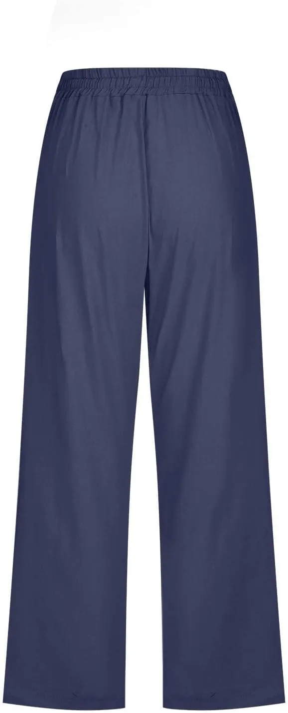 Capri Linen Pants for Women Trendy Wide Leg Palazzo Pant Summer Flowy Beach Pant Drawstring High Waist Casual Trousers