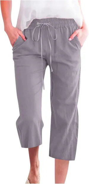 Capri Pants for Women Casual Summer Cotton Linen Cropped Pant Elastic High Waist Capris Straight Leg Lounge Trouser