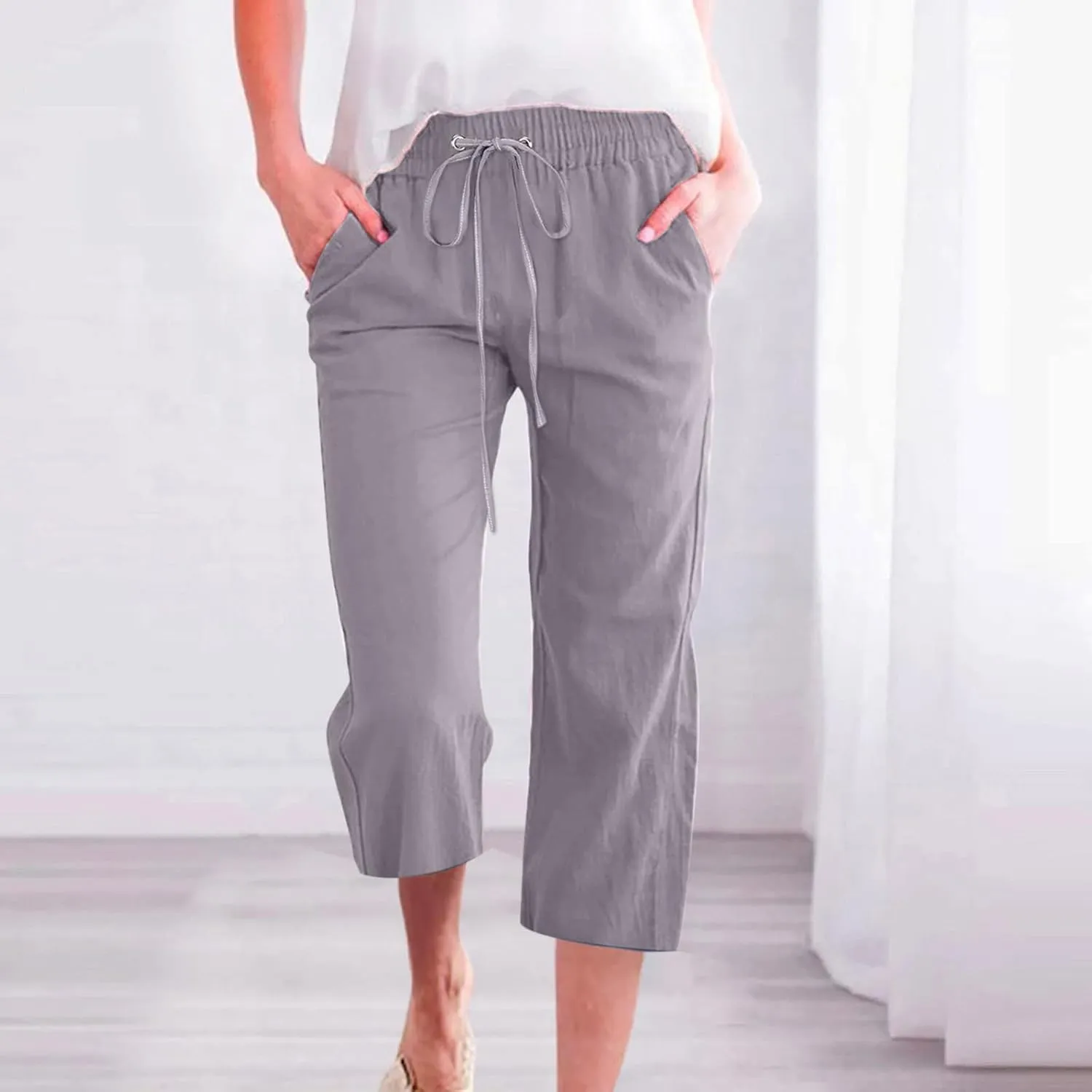 Capri Pants for Women Casual Summer Cotton Linen Cropped Pant Elastic High Waist Capris Straight Leg Lounge Trouser