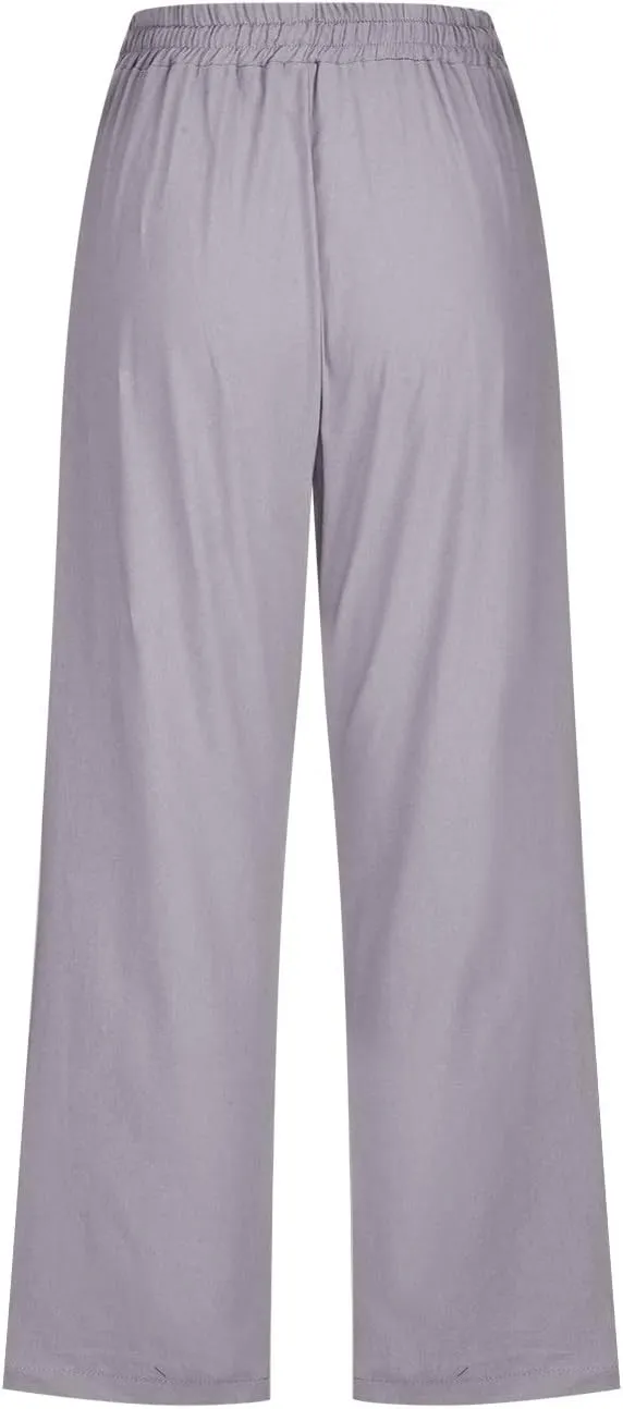 Capri Pants for Women Casual Summer Cotton Linen Cropped Pant Elastic High Waist Capris Straight Leg Lounge Trouser