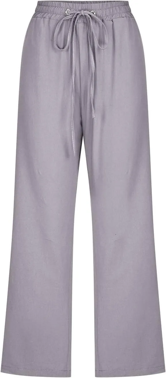 Capri Pants for Women Casual Summer Cotton Linen Cropped Pant Elastic High Waist Capris Straight Leg Lounge Trouser