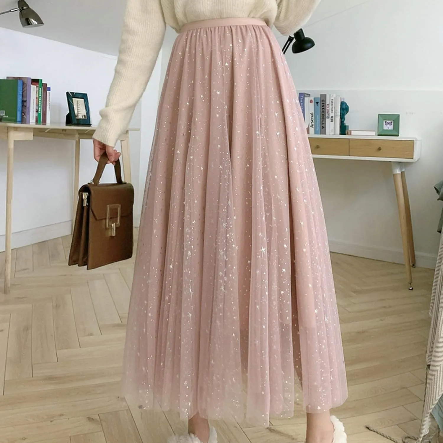 Chiffon Sequin Skirts for Women High Waist Swing Pleated Skirts Elastic Waist Casual Ruffle Long Skirt
