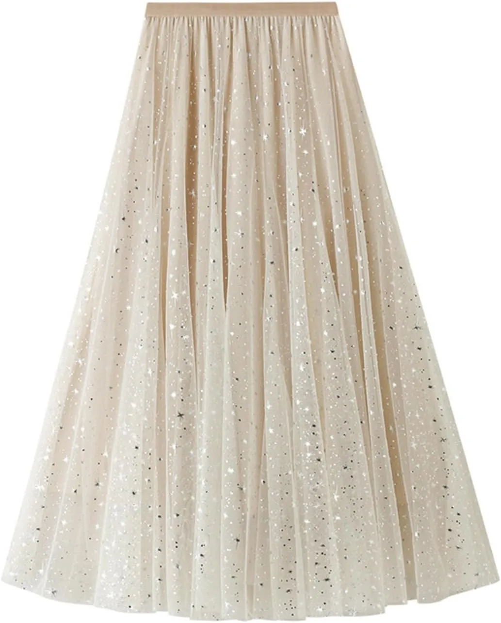 Chiffon Sequin Skirts for Women High Waist Swing Pleated Skirts Elastic Waist Casual Ruffle Long Skirt