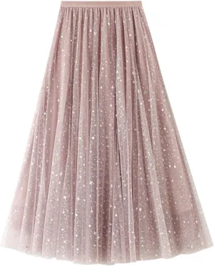 Chiffon Sequin Skirts for Women High Waist Swing Pleated Skirts Elastic Waist Casual Ruffle Long Skirt