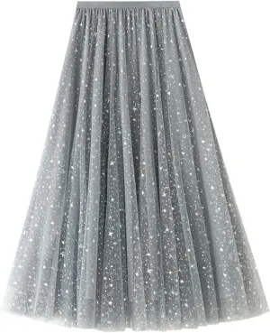 Chiffon Sequin Skirts for Women High Waist Swing Pleated Skirts Elastic Waist Casual Ruffle Long Skirt
