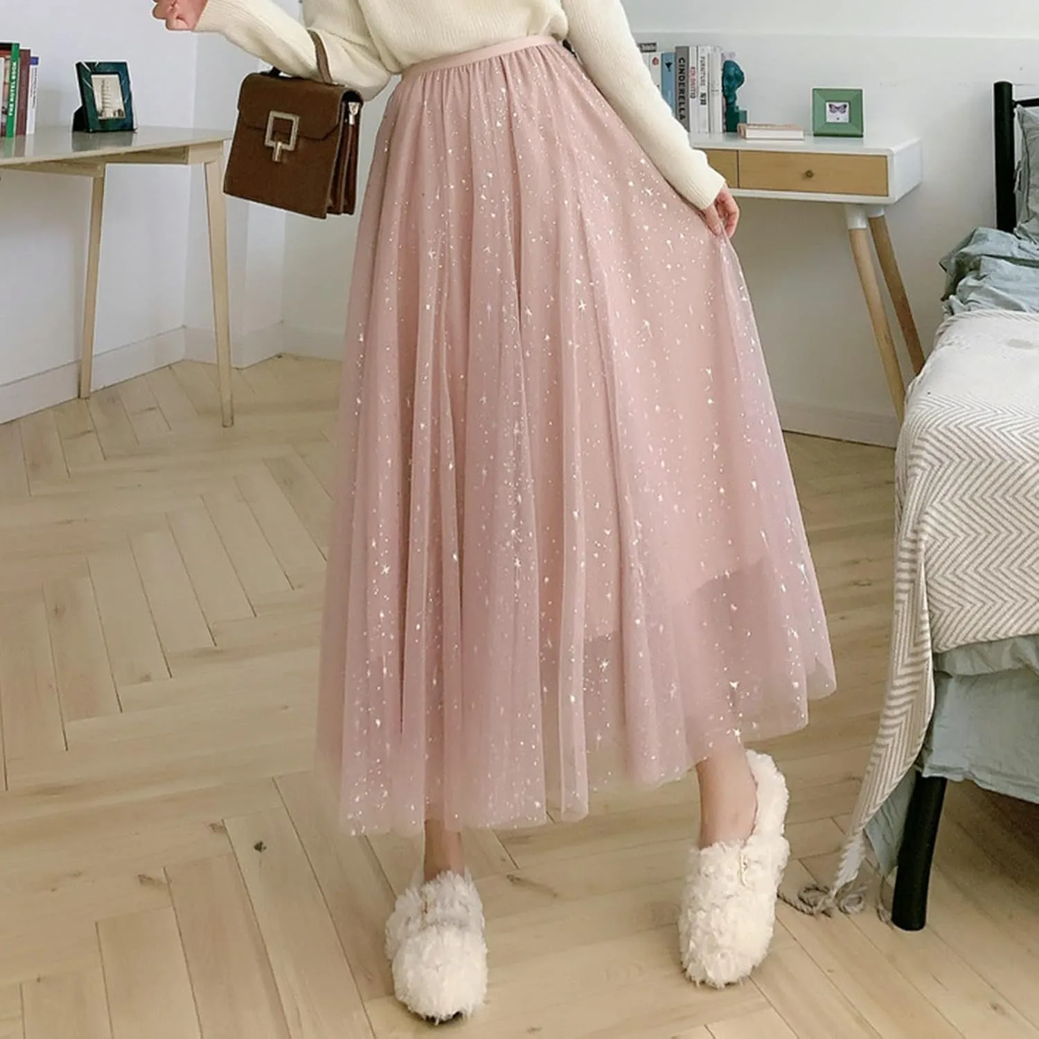 Chiffon Sequin Skirts for Women High Waist Swing Pleated Skirts Elastic Waist Casual Ruffle Long Skirt
