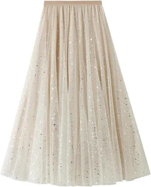 Chiffon Sequin Skirts for Women High Waist Swing Pleated Skirts Elastic Waist Casual Ruffle Long Skirt