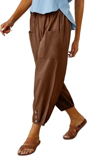 Cotton Casual Capri for Women Elastic High Waisted Loose Lantern Tapered Harem Pants with Pockets