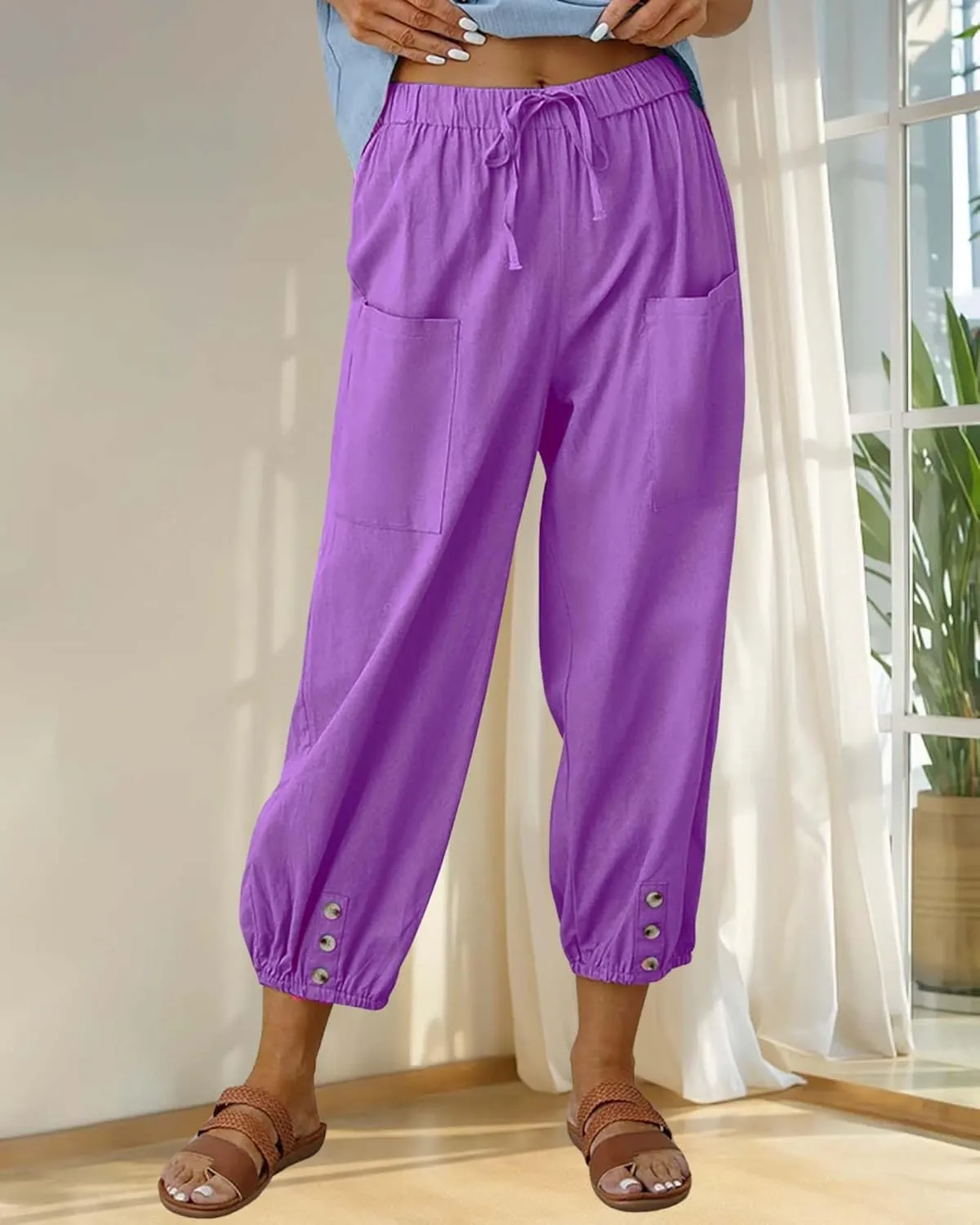Cotton Linen Capri Pants for Women Summer Casual Plus Size High Waist Elastic Drawstring Button Trouser with Pockets