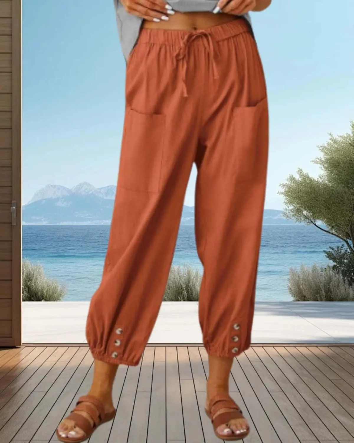 Cotton Linen Capri Pants for Women Summer Casual Plus Size High Waist Elastic Drawstring Button Trouser with Pockets