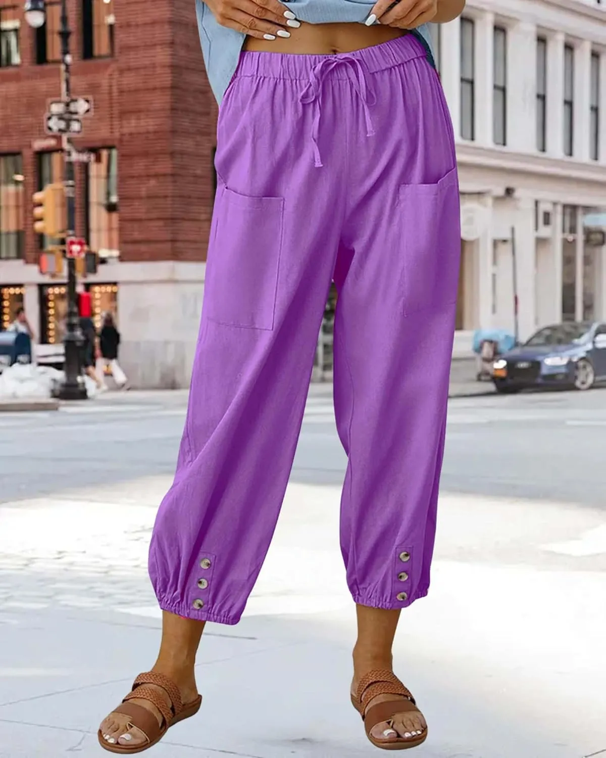 Cotton Linen Capri Pants for Women Summer Casual Plus Size High Waist Elastic Drawstring Button Trouser with Pockets