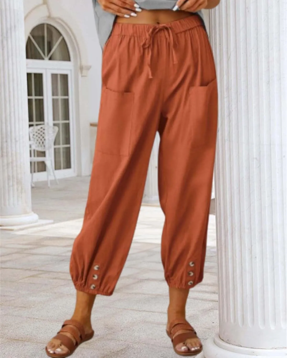 Cotton Linen Capri Pants for Women Summer Casual Plus Size High Waist Elastic Drawstring Button Trouser with Pockets