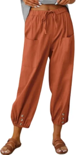 Cotton Linen Capri Pants for Women Summer Casual Plus Size High Waist Elastic Drawstring Button Trouser with Pockets