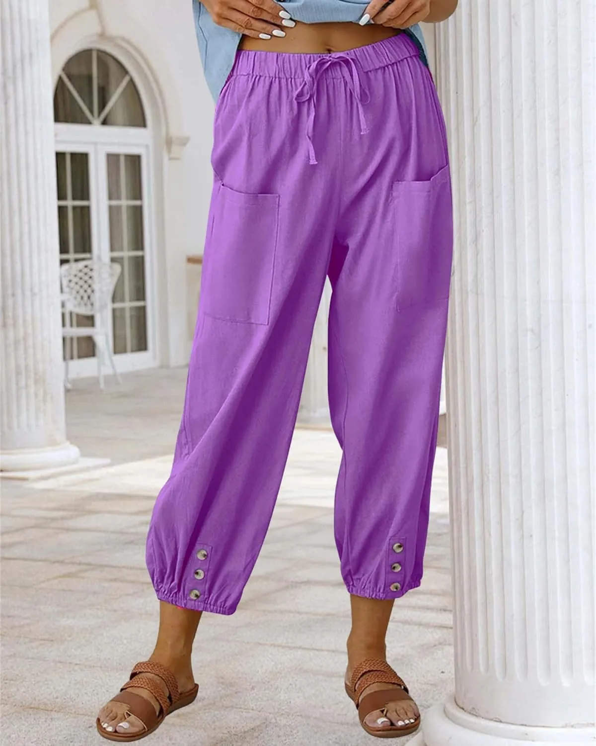 Cotton Linen Capri Pants for Women Summer Casual Plus Size High Waist Elastic Drawstring Button Trouser with Pockets