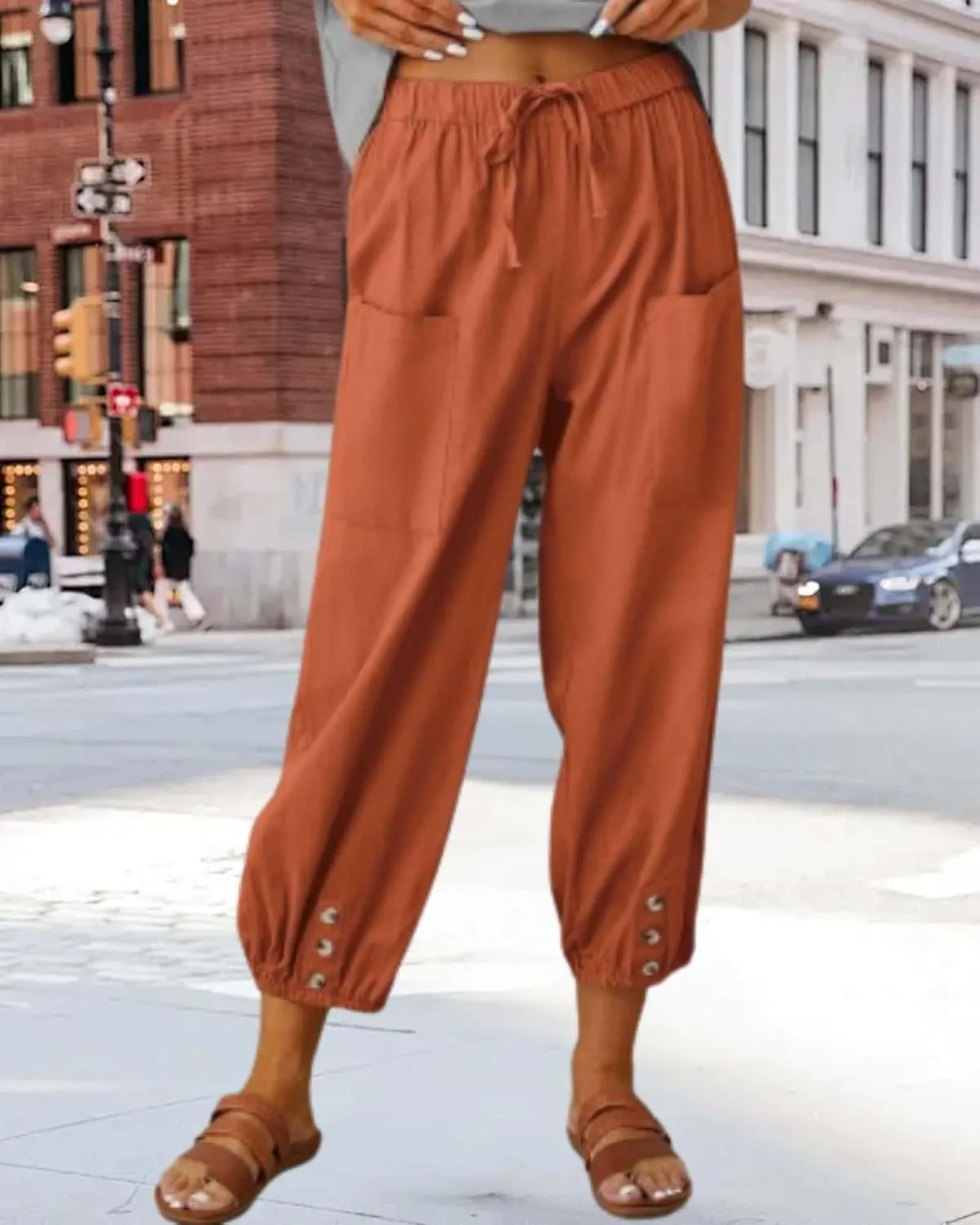 Cotton Linen Capri Pants for Women Summer Casual Plus Size High Waist Elastic Drawstring Button Trouser with Pockets