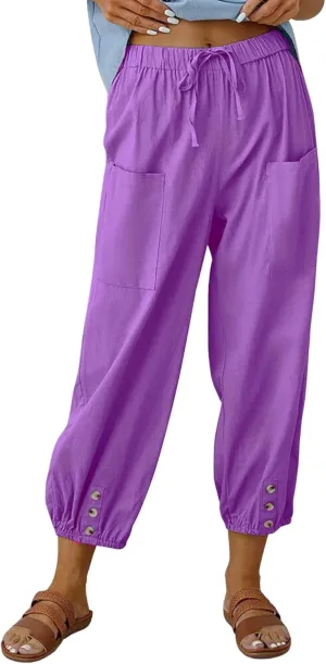 Cotton Linen Capri Pants for Women Summer Casual Plus Size High Waist Elastic Drawstring Button Trouser with Pockets