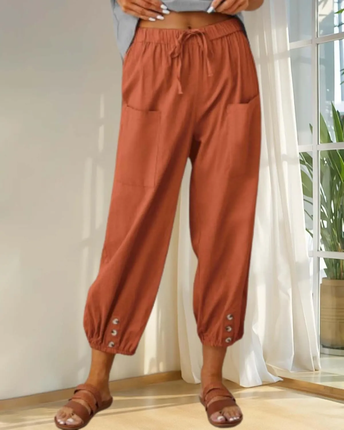Cotton Linen Capri Pants for Women Summer Casual Plus Size High Waist Elastic Drawstring Button Trouser with Pockets