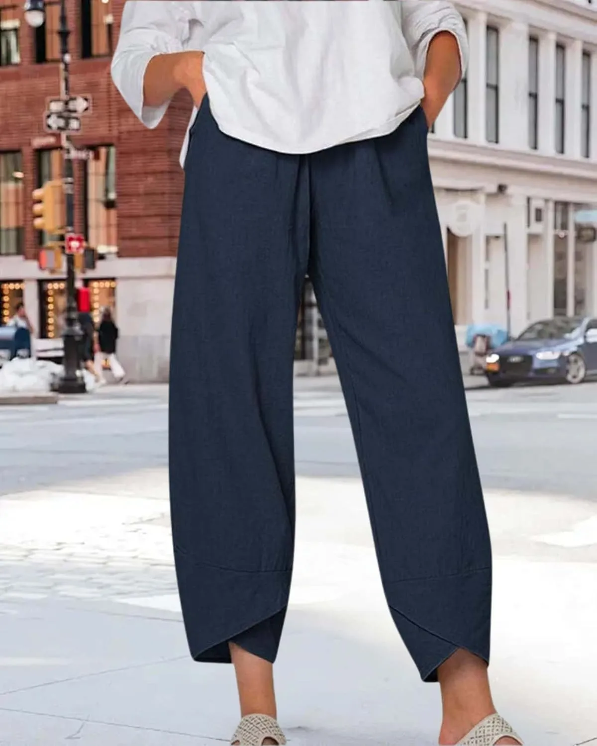 Cotton Linen Summer Casual Capri Pants for Women Printed Waist Wide Leg Palazzo Cropped Baggy Trousers with Pockets