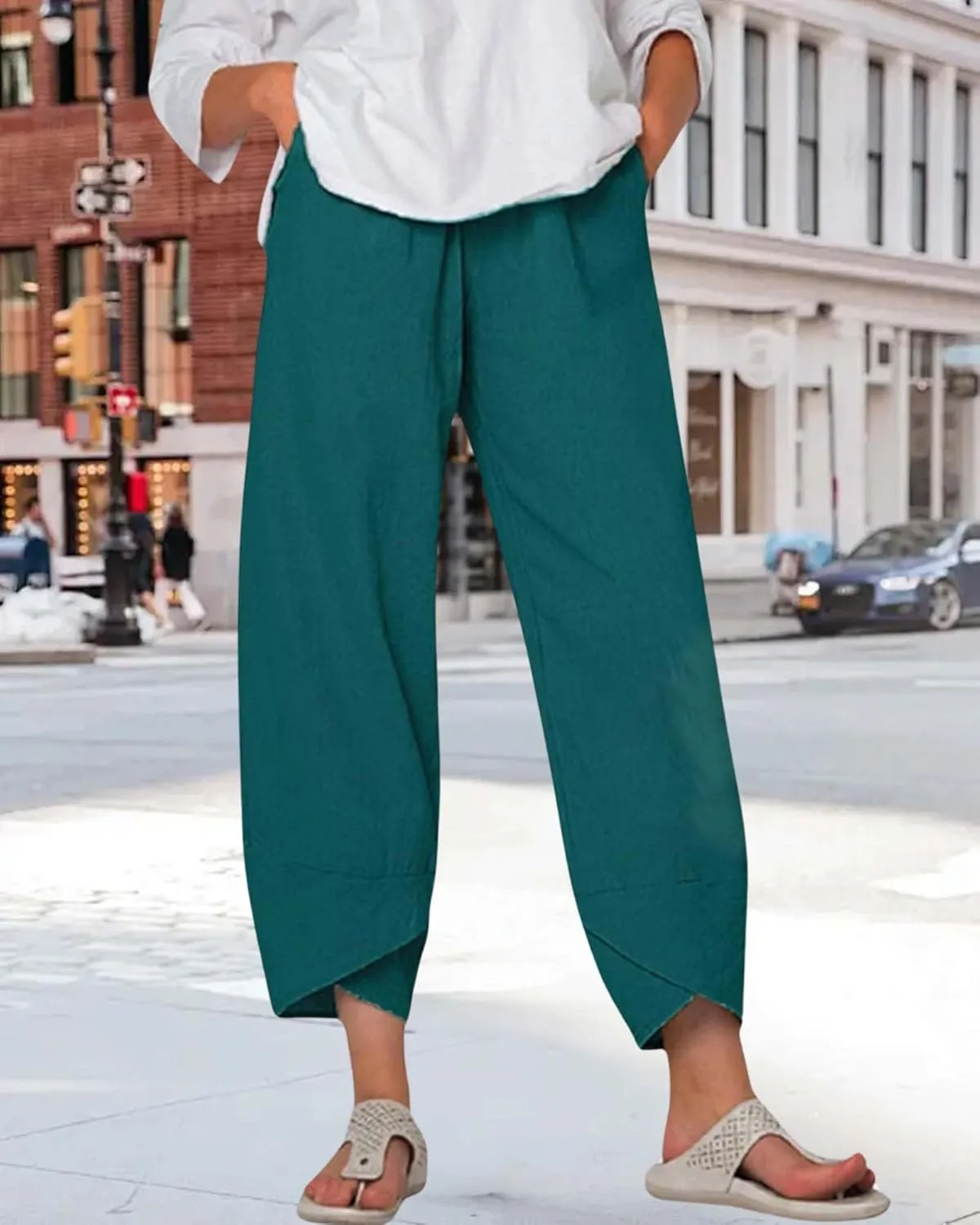Cotton Linen Summer Casual Capri Pants for Women Printed Waist Wide Leg Palazzo Cropped Baggy Trousers with Pockets