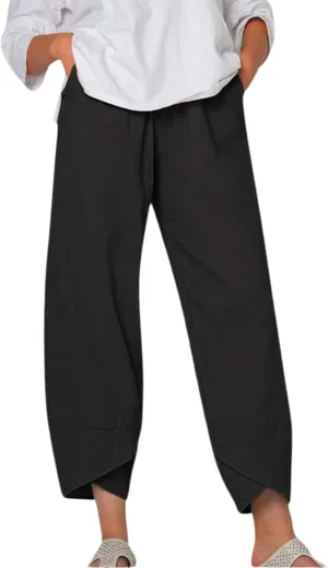 Cotton Linen Summer Casual Capri Pants for Women Printed Waist Wide Leg Palazzo Cropped Baggy Trousers with Pockets