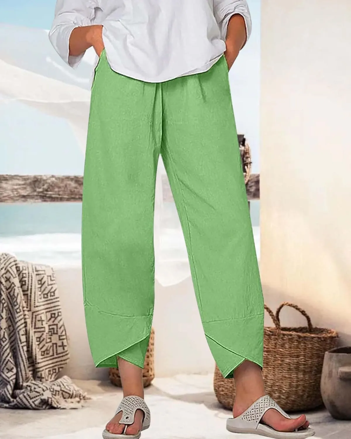 Cotton Linen Summer Casual Capri Pants for Women Printed Waist Wide Leg Palazzo Cropped Baggy Trousers with Pockets