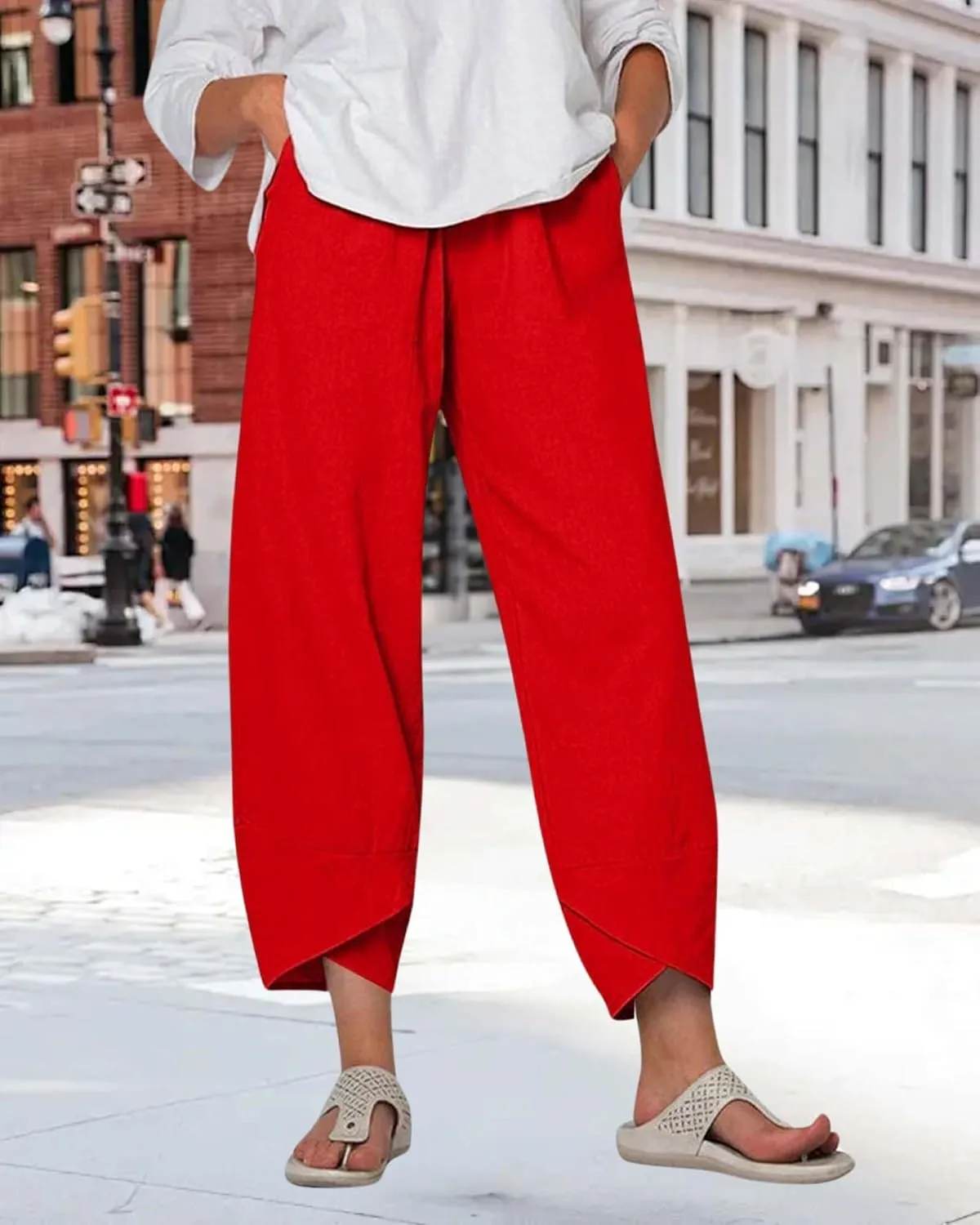 Cotton Linen Summer Casual Capri Pants for Women Printed Waist Wide Leg Palazzo Cropped Baggy Trousers with Pockets