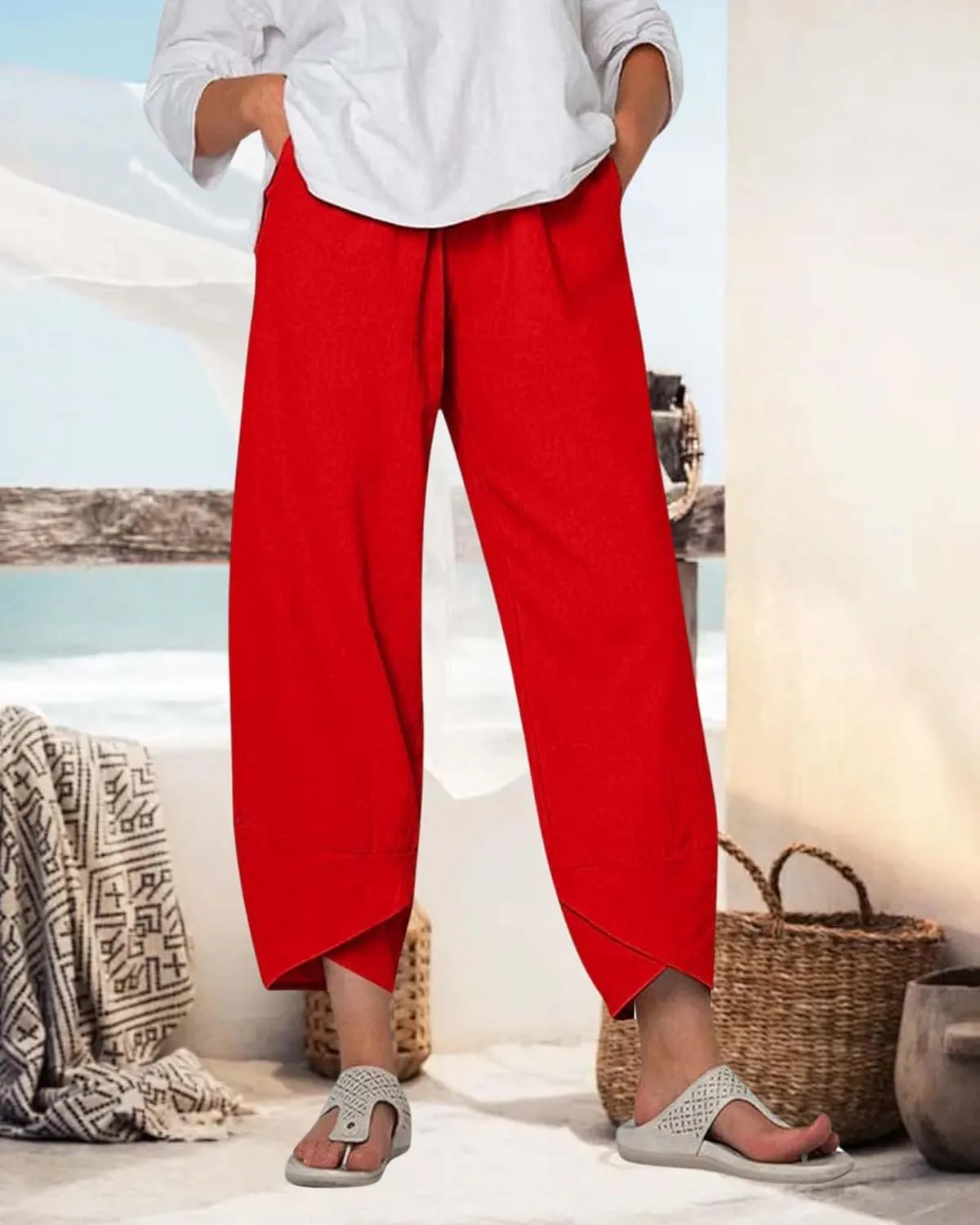 Cotton Linen Summer Casual Capri Pants for Women Printed Waist Wide Leg Palazzo Cropped Baggy Trousers with Pockets