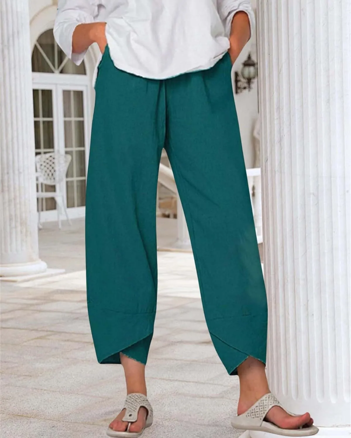 Cotton Linen Summer Casual Capri Pants for Women Printed Waist Wide Leg Palazzo Cropped Baggy Trousers with Pockets
