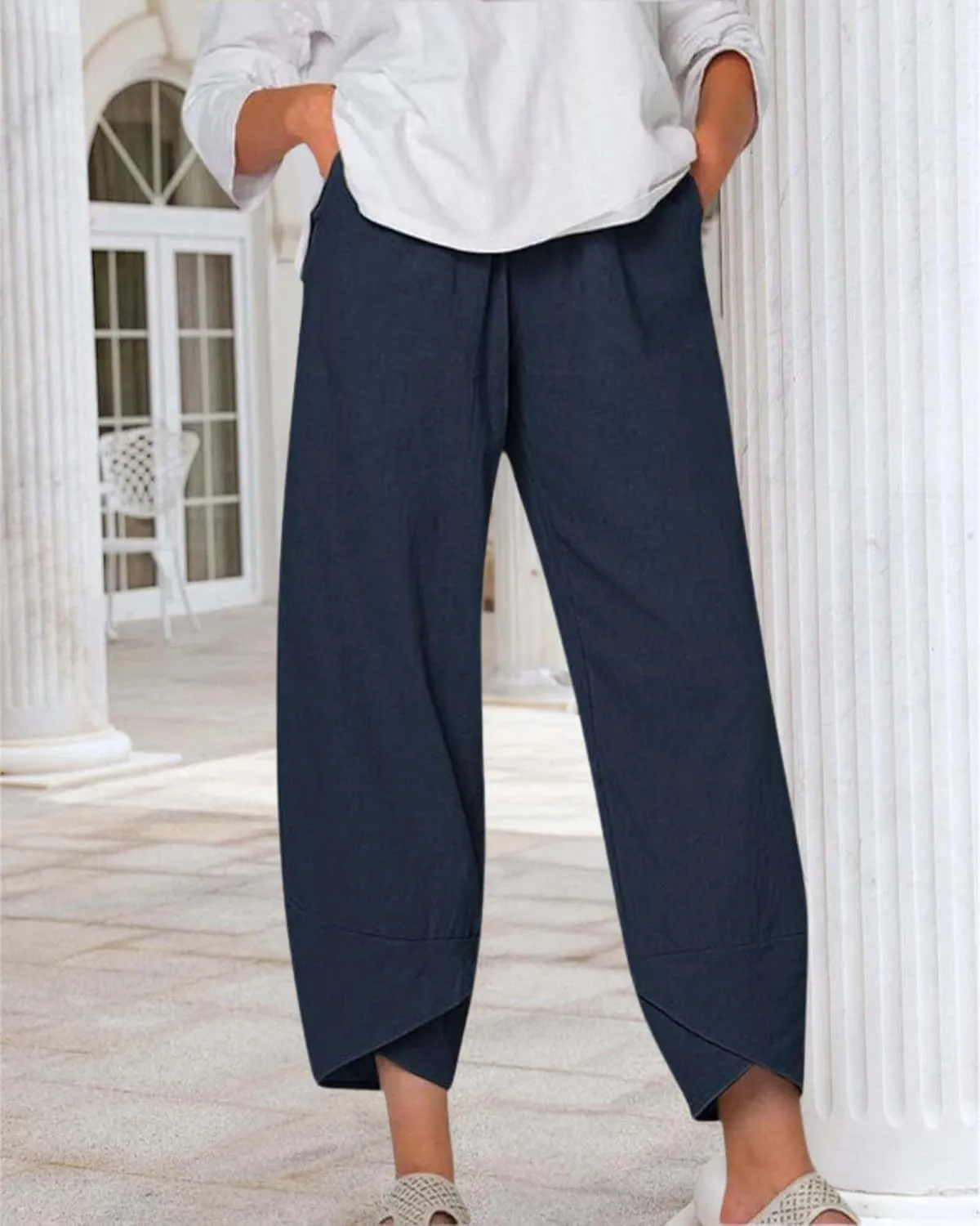 Cotton Linen Summer Casual Capri Pants for Women Printed Waist Wide Leg Palazzo Cropped Baggy Trousers with Pockets