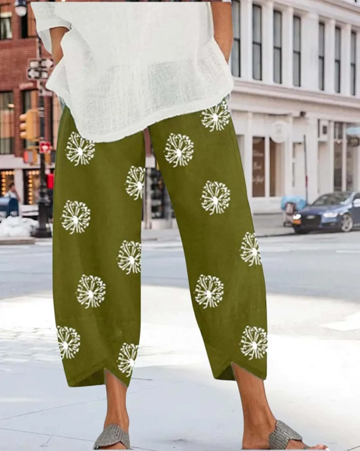 Cotton Linen Summer Casual Capri Pants for Women Printed Waist Wide Leg Palazzo Cropped Baggy Trousers with Pockets