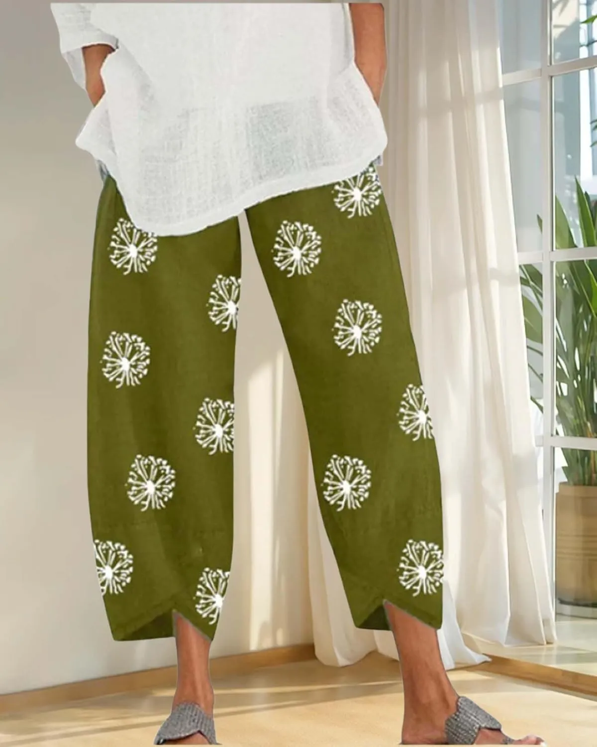 Cotton Linen Summer Casual Capri Pants for Women Printed Waist Wide Leg Palazzo Cropped Baggy Trousers with Pockets