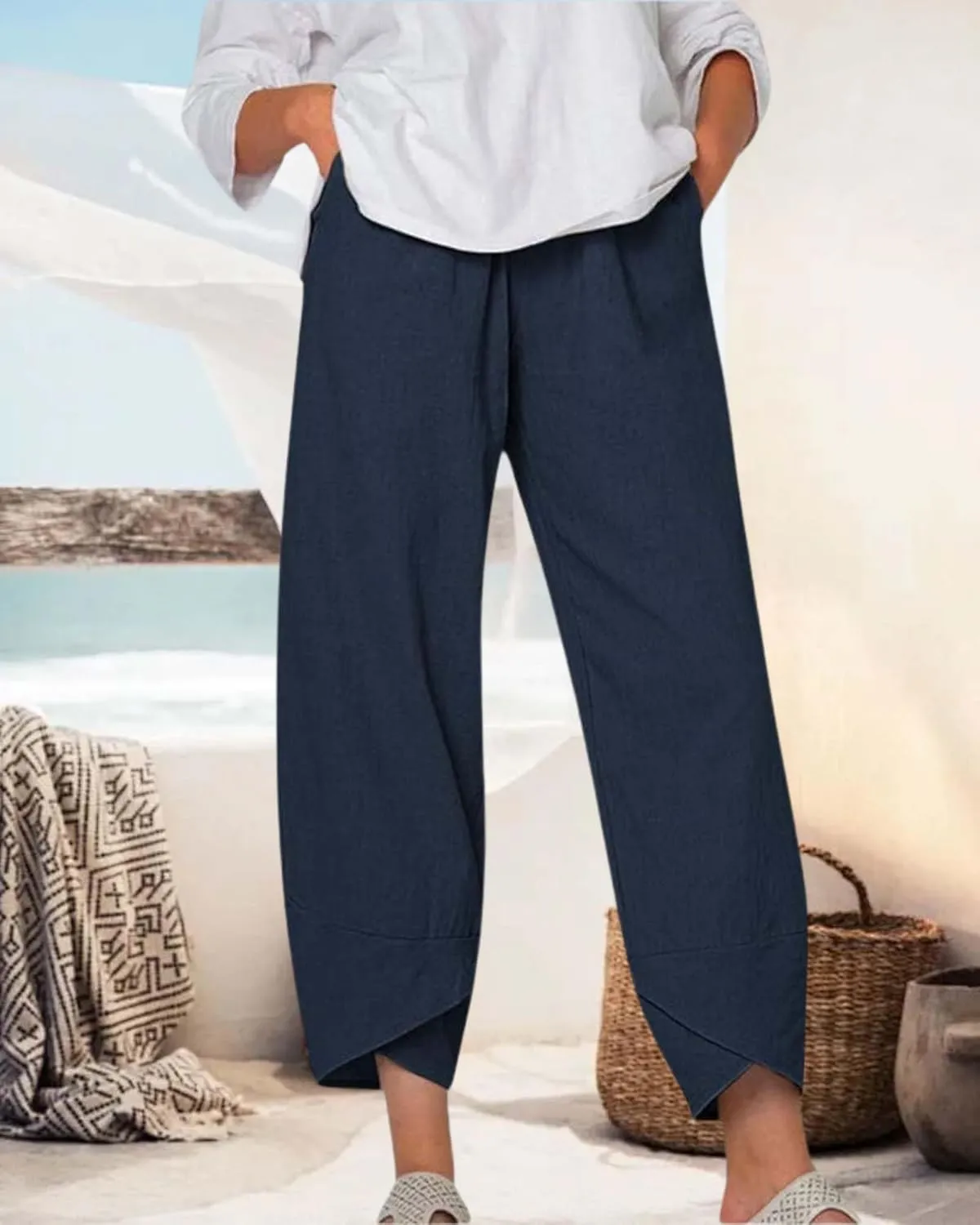 Cotton Linen Summer Casual Capri Pants for Women Printed Waist Wide Leg Palazzo Cropped Baggy Trousers with Pockets