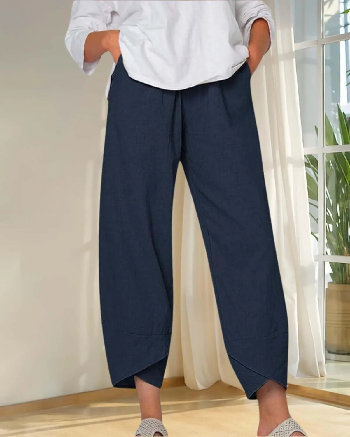 Cotton Linen Summer Casual Capri Pants for Women Printed Waist Wide Leg Palazzo Cropped Baggy Trousers with Pockets